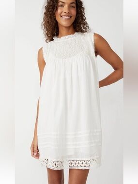 Free People Dress Medium Shea Mini Off White Smock Shirring Boho Coastal Cotton